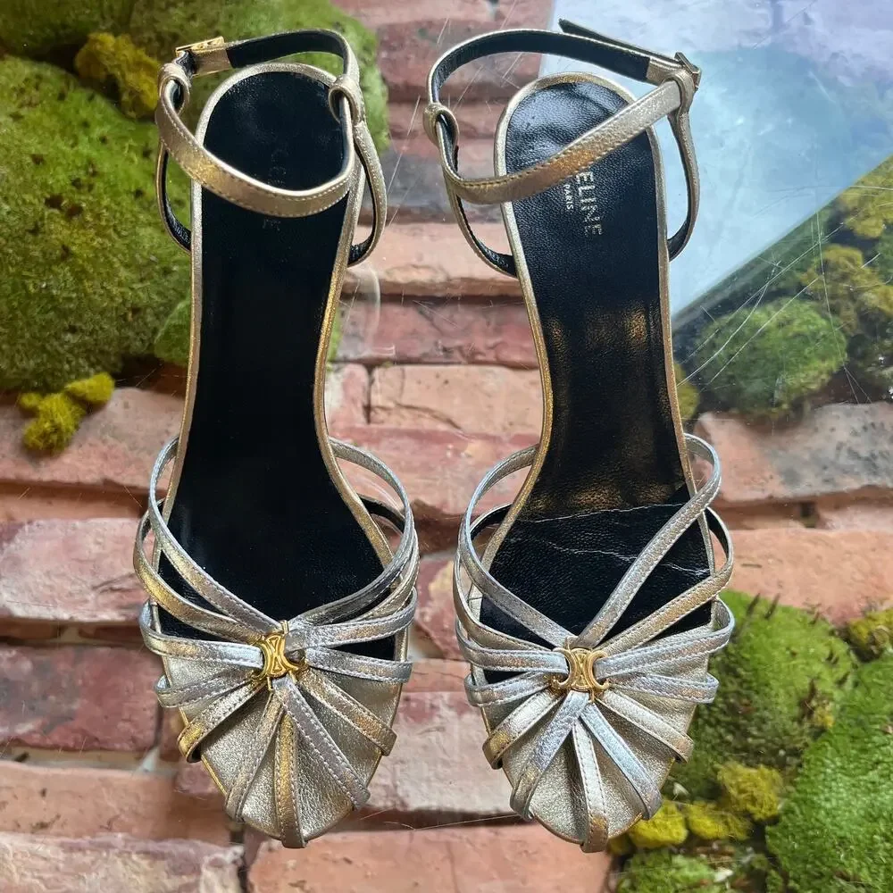 CELINE Metallic Gold/Silver Lambskin Triomphe Sandals SZ 36.5 (US 6.5) - Picture 5 of 11